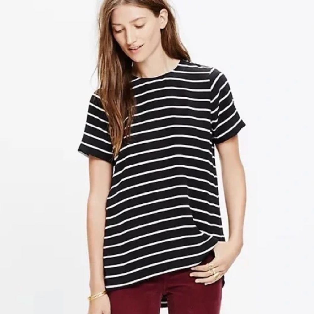 Madewell Black and White Striped Silk Tee